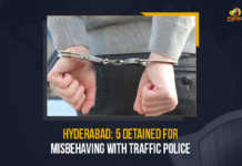 Hyderabad 5 Detained For Misbehaving With Traffic Police, 5 Detained For Misbehaving With Traffic Police, five youth were detained for misbehaving with a traffic police official, five youth were detained for creating a nuisance on the road, Misbehaving With Traffic Police, 5 Detained, five young men, traffic police official, Traffic Police, Hyderabad, Telangana, Police, Telangana Traffic Police, Mango News,