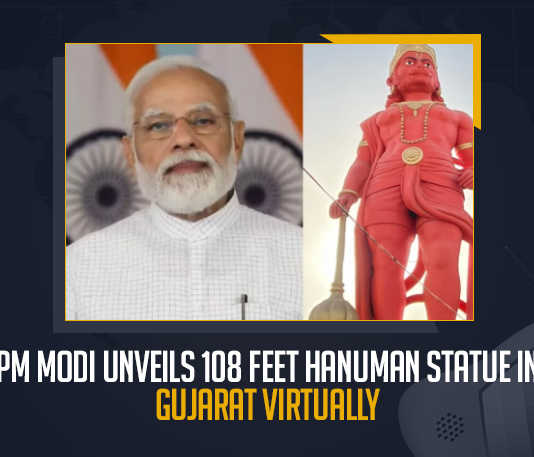 PM Modi Unveils 108 Feet Hanumanji Statue In Gujarat Virtually, PM Modi Virtually Unveils 108 Feet Hanumanji Statue In Morbi, 108 Feet Hanumanji Statue In Morbi, PM Modi Unveils 108-ft Statue of Lord Hanuman at Morbi Gujarat Today, Modi unveils 108 ft Lord Hanuman statue in Gujarat`s Morbi, Pm Modi Unveils A 108 Ft Statue Of Lord Hanuman Statue In Morbi, Modi unveils 108-ft tall Lord Hanuman statue, Lord Hanuman statue, 108-ft tall Lord Hanuman statue, Prime Minister Narendra Modi on Saturday unveiled a 108 ft statue of Lord Hanuman in Gujarats Morbi, Prime Minister Narendra Modi unveiled a 108-feet statue of Lord Hanuman in Morbi district, PM Narendra Modi unveils 108 Ft Statue Of Lord Hanuman Statue, Lord Hanuman Statue News, Lord Hanuman Statue Latest News, Lord Hanuman Statue Latest Updates, Lord Hanuman Statue Live Updates, Hanuman Jayanti, Prime Minister Narendra Modi unveiled a 108 Ft Statue Of Lord Hanuman Statue in Morbi, PM Modi, Narendra Modi, Prime Minister of India, Narendra Modi Prime Minister of India, PM Narendra Modi, Prime Minister Narendra Modi, Mango News,