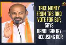 Take Money From TRS And Vote For BJP, Says Bandi Sanjay Kumar Accusing KCR Take Money From TRS And Vote For BJP Says Bandi Sanjay Kumar Accusing KCR, Telangana BJP Chief Bandi Sanjay Kumar Says Take Money From TRS And Vote For BJP, Take Money From TRS And Vote For BJP, Bandi Sanjay Kumar Accusing KCR, Telangana BJP president Bandi Sanjay Kumar urged the people of Patherched village to take money from KCR but vote for BJP, Bandi Sanjay Kumar Addressing the public of Telangana, Bandi Sanjay Kumar President of the Bharatiya Janata Party in Telangana, Telangana Bharatiya Janata Party President Bandi Sanjay Kumar, BJP President Bandi Sanjay Kumar, Telangana CM KCR, K Chandrashekar Rao, Chief minister of Telangana, K Chandrashekar Rao Chief minister of Telangana, Telangana Chief minister, Telangana Chief minister K Chandrashekar Rao, Mango News,
