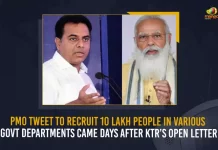 PMO Tweet To Recruit 10 Lakh People In Various Govt Departments Came Days After KTR’s Open Letter, KTR’s Open Letter, Prime Minister of India ordered tp fill 10 lakh recruitments, PMO Tweet To Recruit 10 Lakh People In Various Govt Departments, PM Narendra Modi Orders Govt Departments To Recruit 10 Lakh People In Next 1.5 Years, PM Modi Orders Govt Departments To Recruit 10 Lakh People In Next 1.5 Years, Modi Orders Govt Departments To Recruit 10 Lakh People In Next 1.5 Years, Narendra Modi Orders Govt Departments To Recruit 10 Lakh People In Next 1.5 Years, Govt Departments To Recruit 10 Lakh People In Next 1.5 Years, Govt Departments, Recruit 10 Lakh People In Next 1.5 Years, Govt Departments To Recruit 10 Lakh People, PM Narendra Modi, Narendra Modi, Prime Minister Narendra Modi, Prime Minister Of India, Narendra Modi Prime Minister Of India, Prime Minister Of India Narendra Modi, Mango News,