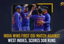 India Wins First ODI Match Against West Indies Scores 308 Runs, India Wins First ODI Match Against West Indies, India Scores 308 Runs Wins First ODI Match Against West Indies, First ODI Match Against West Indies, Team India beat West Indies by three runs in the first One Day International series, One Day International series, India VS West Indies ODI series, Ind VS WI ODI series, ODI series, Shikhar Dhawan-led Indian Cricket Team scored a stunning 308 runs with 7 wickets, India vs West Indies First ODI Highlights, IND vs WI 1st ODI Highlights, India defeat West Indies by 3 runs, India Scores 308 Runs, IND vs WI 1st ODI News, IND vs WI 1st ODI Latest News, IND vs WI 1st ODI Latest Updates, IND vs WI 1st ODI Live Updates, Mango News,