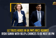 Liz Truss Heads In UK PM's Race Against Rishi Sunak With 90.0% Chances To Be Next UK PM, British Foreign Secretary Liz Truss is leading the race to replace Boris Johnson as UK's next Prime Minister, UK's next Prime Minister, Liz Truss Heads In UK PM's Race Against Rishi Sunak, Truss is heading the race by 90%, UK Foreign Secretary Liz Truss, former chancellor Rishi Sunak, Truss and Sunak who are fighting for the UK Prime Minister post, UK Prime Minister post, chances of Liz Truss has 90.0% winning chances, UK Prime Minister, UK Prime Minister Race News, UK Prime Minister Race Latest News, UK Prime Minister Race Latest Updates, UK Prime Minister Race Live Updates, Mango News,
