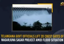 Telangana Govt Officials Lift 20 Crest Gates Of Nagarjuna Sagar Project Amid Flood Situation, 26 Gates Of Telanganas Nagarjuna Sagar Project Lifted, Sagar Gates Lifted To Discharge Heavy Flood, Mango News, Nagarjuna Sagar Project 26 Crest Gates Lifted, Crest Gates Of Nagarjuna Sagar Project Opened, Nagarjuna Sagar Latest News And Updates, 20 Gates Lifted To Release Flood Water, Nagarjuna Sagar Dam Gates Status Today, Nagarjuna Sagar Dam, Telangana Govt Official News, Telangana, Nagarjuna Sagar