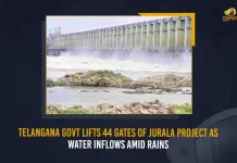 Telangana Govt Lifts 44 Gates Of Jurala Project As Water Inflows Amid Rains, TS Govt Lifts 44 Gates Of Jurala Project As Water Inflows Amid Rains, Jurala project 44 gates lifted due to heavy inflow of floodwater, 44 Gates Of Jurala Project, Amid the heavy rains, water flow at the Jurala project continues for days, 44 Gates Of Jurala Project Lifted, Jurala Project, 44 Gates, Telangana Govt, Jurala Project News, Jurala Project Latest News And Updates, Jurala Project Live Updates, Mango News,