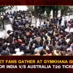 Cricket Fans Gather At Gymkhana Ground For India V/S Australia T20I Ticket, Cricket Fans Gather At Gymkhana, India VS Australia T20I Ticket, Tickets on sale today at Gymkhana, 3rd T20 between India and Australia, Ind Vs Aus T20 on 25th Sep, T20 at Uppal Stadium, India vs Australia T20 Series, India vs Australia T20, Ind vs Aus T20 Series Third T20 Match, Ind vs Aus Match, Ind vs Aus Match Uppal Stadium, Mango News, Mango News Telugu, India vs Australia T20 Series , India vs Australia T20 Match, Indian Captain Rohit Sharma, Australia Captain Aaaron Finch, India Vs Australia Live Updates, India Vs Australia Match Live Scores