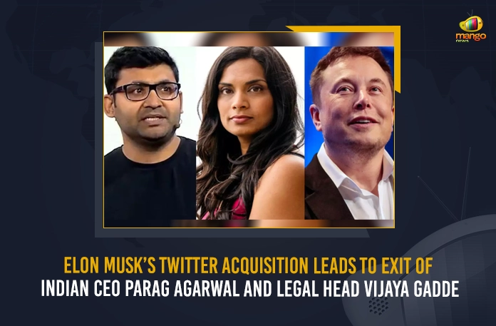 Elon Musk’s Twitter Acquisition Leads To Exit Of Indian CEO Parag Agarwal And Legal Head Vijaya Gadde, Twitter Legal Head Vijaya Gadde Fired, Elon Musk Takes Control of Twitter, Terminates Top Executives, CEO Parag Agrawal, CFO Ned Segal, Mango News, Mango News Telugu, Twitter Ex CEO Parag Agrawal, Twitter Ex CFO Ned Segal, Elon Musk Buys Twitter, Elon Musk Twitter Takeover, Elon Musk Latest News And Updates, Elon Musk Twitter Live Updates, Elon Musk Tesla, Elon Musk News And Updates