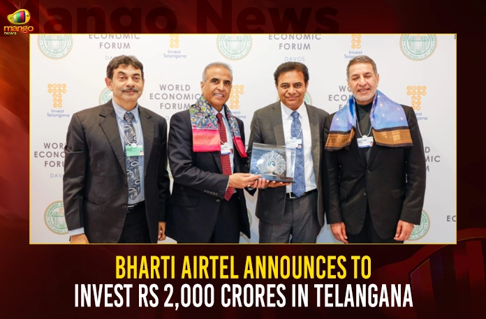 Bharti Airtel Announces To Invest Rs 2000 Crores In Telangana,Minister KTR Davos Tour,Bharti Airtel Group,Announces to Set up Large,Hyperscale Data Centre,Hyderabad with Rs 2000 Cr,Mango News,Mango News Telugu,WEF's Summit at Davos,KTR Launches Telangana Pavilion,Telangana Pavilion At WEF Davos,Telangana Pavilion,WEF Davos,Minister KTR Davos Tour,Global Healthcare,C4IR Network Signs an MoU,Telangana Govt,World Economic Forum