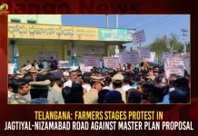 Telangana Farmers Stages Protest In Jagtiyal-Nizamabad Road Against Master Plan Proposal,Telangana Farmers Stages Protest,Jagtiyal-Nizamabad Road,Against Master Plan Proposal,Mango News,Telangana Farmers Protest,CM KCR News And Live Updates, Telangna Congress Party, Telangna BJP Party, YSRTP,TRS Party, BRS Party, Telangana Latest News And Updates,Telangana Politics, Telangana Political News And Updates,Telangana Minister KTR