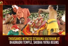Thousands Witness Sitarama Kalyanam At Bhadradri Temple, Shobha Yatra Begins Thousands Witness Sitarama Kalyanam At Bhadradri Temple Shobha Yatra Begins,Thousands Witness Sitarama Kalyanam,Bhadradri Temple Shobha Yatra Begins,Mango News,Thousands of devotees witness Sitarama Kalyanam,Bhadrachalam Sri Rama Temple,Bhadradri Celestial Wedding Today,Bhadrachalam All set for celestial wedding today,Bhadradri Latest News,Minister Indrakaran Reddy Latest News,Minister Indrakaran Reddy Latest Updates,Bhadradri Celestial Wedding News Today