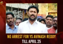 No Arrest For YS Avinash Reddy Till April 25 No Arrest For YS Avinash Reddy Till April 25,No Arrest For YS Avinash Reddy,No Arrest Till April 25,YS Avinash Reddy,Mango News,Dont Arrest YS Avinash Reddy,Telangana HC Restrains CBI From Arresting,YS Avinash Reddy Gets Relief In Telangana High Court,Viveka Murder Case,Can Grill Kadapa Mp In Uncle's Murder Case,TS HC DirecTS CBI Not To Arrest,,Telangana HC Restrains CBI,Ex-Minister Murder Case,Viveka Murder Case Latest News,Viveka Murder Case Live Updates,YS Avinash Reddy Latest News,YS Avinash Reddy Live Updates