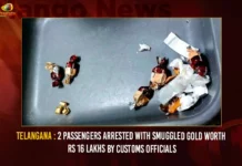 Telangana: 2 Passengers Arrested With Smuggled Gold Worth Rs 16 Lakhs By Customs Officials Telangana: 2 Passengers Arrested With Smuggled Gold Worth Rs 16 Lakhs By Customs Officials,2 Passengers Arrested With Smuggled Gold,Hyderabad Customs Officials Seizes Gold,Mango News,Gold worth Rs 16.5 lakh concealed,Smuggled Gold Worth Rs 16 Lakhs By Customs Officials,Telangana Latest News,Rajiv Gandhi International Airport,Smuggling at Rajiv Gandhi International Airport,Two held at Hyderabad airport for smuggling gold,Latest News on Hyderabad Airport Smuggling,Gold Seized At Hyderabad Airport