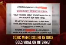 Toxic Memo Issued By Boss Goes Viral On Internet,Toxic Memo Issued By Boss,Boss Issues Toxic Memo To Employees,Mango News,Boss Promotes Toxic Workplace Culture,Boss Issues Don't Make Friends At Work Memo,Toxic,Toxic Memo,Issued By Boss,Toxic Memo Latest News,Toxic Memo Issue News,Toxic Boss Alert,Work Memo,Work Environment,Boss Promotes Toxic Workplace Culture