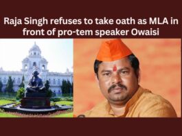 Raja Singh refuses to take oath as MLA in front of pro tem speaker Owaisi,Raja Singh refuses to take oath,Take oath as MLA,MLA in front of pro tem speaker,pro tem speaker Owaisi,Mango News,Telangana Guv appoints Akbaruddin Owaisi,AIMIMs Akbaruddin Owaisi,Telangana BJP MLAs refuses,Pro tem Speaker Akbar,Pro tem Speaker Latest News,Pro tem Speaker Latest Updates,Pro tem Speaker Live News,Raja Singh Latest News,Raja Singh Latest Updates,Raja Singh Live News,Telangana Latest News And Updates,Telangana Politics, Telangana Political News And Updates