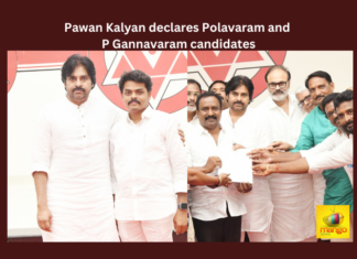 Pawan Kalyan Declares Polavaram And P Gannavaram Candidates,Pawan Kalyan,Jana Sena,TDP,Alliance,P Gannavaram,Maha Sena Rajesh,Mango News,Vijayawada,Jana Sena Party,Jana Sena Party News,Jana Sena Party Latest News,Jana Sena,Pawan Kalyan News,Pawan Kalyan Latest News,Polavaram,Gannavaram,Jana Sena Polavaram Candidate,Jana Sena Gannavaram Candidate,Giddi Satyanarayana,Bala Raju,Mahasena Rajesh,P Gannavaram Constituency,Pawan Kalyan Live,Pawan Kalyan Press Meet