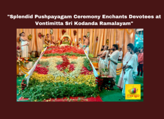 "Splendid Pushpayagam Ceremony Enchants Devotees at Vontimitta Sri Kodanda Ramalayam", Splendid Pushpayagam Ceremony, Pushpayagam Ceremony, Vontimitta Sri Kodanda Ramalayam, Vontimitta Ramalayam, Vontimitta, Ramalayam, Ramayana, TTD, Sri Rama, Vontimitta Live Updates, Lord Rama, Devotional News, Mango News