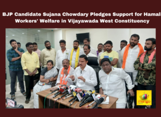 BJP Candidate Sujana Chowdary Pledges Support for Hamali Workers' Welfare in Vijayawada West Constituency, BJP Candidate Sujana Chowdary Pledges, Welfare in Vijayawada West Constituency, Vijayawada West Constituency, Support for Hamali Workers, BJP, Sujana Chaudhary, Vijayawada West Constituency, Hamali Workers, Welfare, Development, YCP Government, Garment Workers, Campaign Rally, NDA Alliance, General Elections, Lok Sabha Elections, AP Live Updates, Andhra Pradesh, Political News, Mango News
