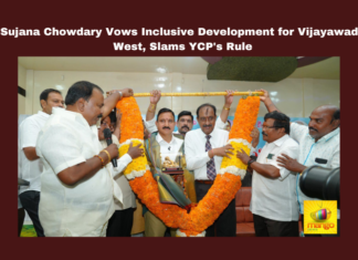 Sujana Chowdary Vows Inclusive Development for Vijayawada West Slams YCP's Rule, Sujana Chowdary Vows, Sujana Chowdary Vows Inclusive Development, Development for Vijayawada West, Slams YCP's Rule, Sujana Chowdary Slams YCP's Rule, Sujana Chowdary , BJP, Vijayawada West Constituency, YCP, Development, Inclusive Growth, Electoral Campaign, TDP, Janasena, Political Leaders, Alliance, Urmila Nagar Meeting, Andhra Pradesh, Political News, Mango News