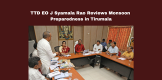 TTD EO J Syamala Rao Reviews Monsoon Preparedness in Tirumala, Monsoon Preparedness in Tirumala, Syamala Rao Reviews Tirumala, TTD, J Syamala Rao, Monsoon Preparedness, Tirumala, Disaster Management, Engineering Department, Latest Tirumala News, Andhra Pradesh, CM Chandrababu Naidu, AP Live Updates, AP Politics, Political News, Mango News