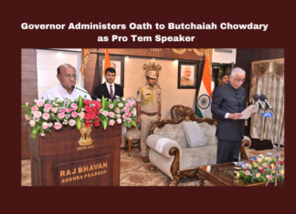 Governor Administers Oath to Butchaiah Chowdary as Pro Tem Speaker, Governor Administers Oath, Butchaiah Chowdary Oath, Butchaiah Chowdary as Pro Tem Speaker, Governor, Andhra Pradesh, Pro Tem Speaker, Butchaiah Chowdary, Governor Oath Ceremony, CM Chandrababu Naidu, AP Live Updates, AP Politics, Political News, Mango News