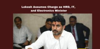 Lokesh Assumes Charge As HRD It And Electronics Minister,Lokesh Assumes Charge As HRD It Minister, HRD It Minister, Nara Lokesh , Andhrapradesh,Electronics,HRD,It,Megadsc,Naralokesh,Newminister,Chief Minister Chandrababu Naidu,AP Capital City,Andhra Pradesh, AP Live Updates, AP Politics, Pawan Kalyan, Political News,Mango News,