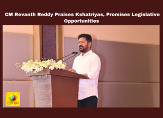 CM Revanth Reddy Praises Kshatriyas, Promises Legislative Opportunities,Mango News,Telangana,Telangana News,Telangana Latest News,Telangana Politics,Telangana Political News 2024,Congress,Congress Latest News,CM Revanth Reddy,CM Revanth Reddy Latest News,CM Revanth Reddy News,CM Revanth Reddy Live,CM Revanth Reddy Pressmeet,CM Revanth Reddy Speech,CM Revanth Reddy Latest Speech,Telangana CM Revanth Reddy Praises Kshatriya Community,Kshatriya Community,CM Revanth Reddy Promise To Kshatriya Community,Kshatriya Community Felicitation To Revanth Reddy,Kshatriya Community Honored CM Revanth Reddy,CM Revanth Reddy At Kshatriya Abhinandhana Sabha,Kshatriya Abhinandhana Sabha,CM Revanth Reddy Speech In Kshatriya Abhinandana Sabha,CM Revanth Reddy in Kshatriya Abhinandana Sabha,Community Development,Hyderabad,Krishnam Raju,Kshatriyas,Legislative Opportunities,Prabhas,Revanth