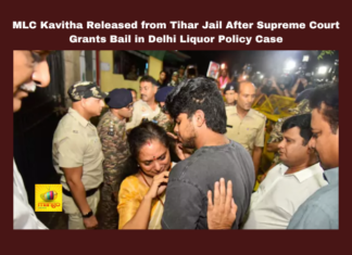 MLC Kavitha Released from Tihar Jail After Supreme Court Grants Bail in Delhi Liquor Policy Case, MLC Kavitha Released from Tihar Jail, Supreme Court Grants Bail in Delhi Liquor Policy Case, MLC Kavitha Released, MLC Kavitha, Delhi Liquor Policy Case, Supreme Court Bail, Tihar Jail, K.T. Rama Rao, BRS Leaders, Legal Fight, Hyderabad Arrival, Kavitha Bail, Delhi Liquor Case, Telangana, TS Live Updates, TS Political News, Political News, Mango News