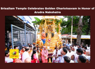 Srisailam Temple Celebrates Golden Chariotsavam in Honor of Arudra Nakshatra, Srisailam Temple Celebrates Golden Chariotsavam, Srisailam Temple, Golden Chariotsavam, Arudra Nakshatra, Bhramaramba, Mallikarjuna Swamivars, Radhotsavam, Nandyal District, Lord Shiva, Temple Rituals, Devotees, Latest Srisailam Temple News, CM Chandrababu Naidu, Pawan Kalyan, AP Live Updates, Live Updates, Breaking News, Headlines, Live News, Mango News