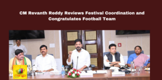 CM Revanth Reddy Reviews Festival Coordination and Congratulates Football Team, Festival Coordination, Revanth Reddy Congratulates Football Team, CM Revanth Reddy Reviews, CM Revanth Reddy, Ganesh Festival, Milad Un Nabi, Hyderabad, Bhagyanagar Ganesh Utsava Samiti, Festival Coordination, Telangana Football Team, Junior Boys National Football Championship, Religious Harmony, Hyderabad Police, Telangana, TS Live Updates, TS Political News, Political News, Mango News
