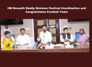 CM Revanth Reddy Reviews Festival Coordination and Congratulates Football Team, Festival Coordination, Revanth Reddy Congratulates Football Team, CM Revanth Reddy Reviews, CM Revanth Reddy, Ganesh Festival, Milad Un Nabi, Hyderabad, Bhagyanagar Ganesh Utsava Samiti, Festival Coordination, Telangana Football Team, Junior Boys National Football Championship, Religious Harmony, Hyderabad Police, Telangana, TS Live Updates, TS Political News, Political News, Mango News