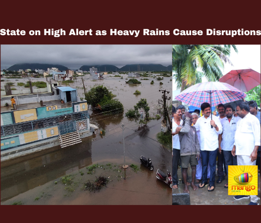 State on High Alert as Heavy Rains Cause Disruptions, State on High Alert, Amaravati, Heavy Rains, Flood Alert, Home Minister, Disaster Management, Vijayawada Landslides, Waterlogging, Relief Operations, Krishna District, NTR District, Heavy Rains Cause Disruptions, Heavy Rain In AP, Weather Report, Red Alert, AP, Heavy Rain, Andhra Pradesh, AP Rain, AP Live Updates, Political News, Mango News