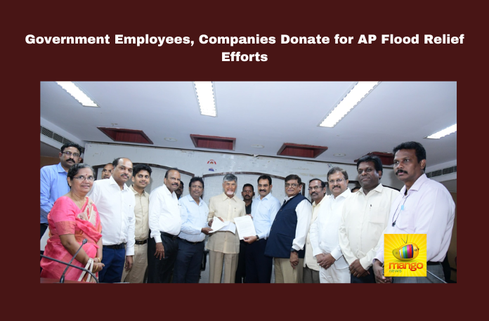 Government Employees, Companies Donate for AP Flood Relief Efforts Government Employees, Companies Donate for AP Flood Relief Efforts, AP Flood Relief,Government Employees Donations, Electricity Employees, Chandrababu Naidu, Nara Lokesh, Saidaramej, Flood Victims, CSR, AP Floods, Pawan Kalyan, AP Live Updates, Live Updates, Breaking News, Headlines, Live News, Mango News