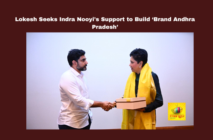 Lokesh Seeks Indra Nooyi's Support to Build ‘Brand Andhra Pradesh’ Lokesh Seeks Indra Nooyi's Support to Build ‘Brand Andhra Pradesh’ , Nara Lokesh, Indra Nooyi, Andhra Pradesh, Brand AP, investment, technology, manufacturing, women empowerment, renewable energy, youth mentoring, IT Summit , Live updates , Breaking news , Headlines , Ap live updates , Andhrapradesh , Mango News