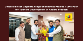 Union Minister Gajendra Singh Shekhawat Praises TDP's Push for Tourism Development in Andhra Pradesh, Akhanda Godavari Project, Pushkar Ghats, Andhra Pradesh tourism, Union Tourism Minister, PRASAD Scheme, Rammohan Naidu, Simhachalam temple, Annavaram temple, Krishna Karnataka festivals, Carnatic music, AP cultural heritage, Andhra Pradesh, AP Live Updates, Live Updates, Breaking News, Headlines, Live News, Mango News