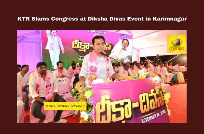 KTR Slams Congress at Diksha Divas Event in Karimnagar KTR Slams Congress at Diksha Divas Event in Karimnagar, KTR Diksha Divas, Telangana Congress criticism, KCR Telangana movement, Karimnagar news, Alugunur Diksha event, Telangana agitation history, Telangana loan waiver, Gurukul issues Telangana, KTR emotional speech, TRS vs Congress, Telangana, TS Live Updates, TS Political News, Political News, Mango News