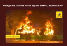 College Bus Catches Fire in Bapatla District, Students Safe, Bapatla district news, Cherukupalli fire incident, Raypalle college bus fire, nursing students accident, Andhra Pradesh bus fire, Gudavalli national highway, student safety, AP news updates, electrical short circuit fire, college transportation safety, Andhra Pradesh, AP Live Updates, Live Updates, Breaking News, Headlines, Live News, Mango News
