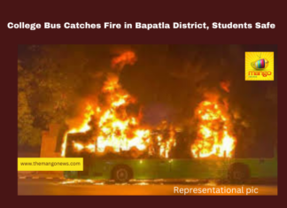 College Bus Catches Fire in Bapatla District, Students Safe, Bapatla district news, Cherukupalli fire incident, Raypalle college bus fire, nursing students accident, Andhra Pradesh bus fire, Gudavalli national highway, student safety, AP news updates, electrical short circuit fire, college transportation safety, Andhra Pradesh, AP Live Updates, Live Updates, Breaking News, Headlines, Live News, Mango News