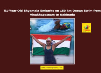 51-Year-Old Shyamala Embarks on 150 km Ocean Swim from Visakhapatnam to Kakinada,Shyamala Goli, ocean swimming, women empowerment, Visakhapatnam to Kakinada, Bay of Bengal, Visakha Coromandel Odyssey, MP Shri Bharat, 150 km swim, inspirational stories, health and fitness,Andhra Pradesh, AP Live Updates, Live Updates, Breaking News, Headlines, Live News, Mango News